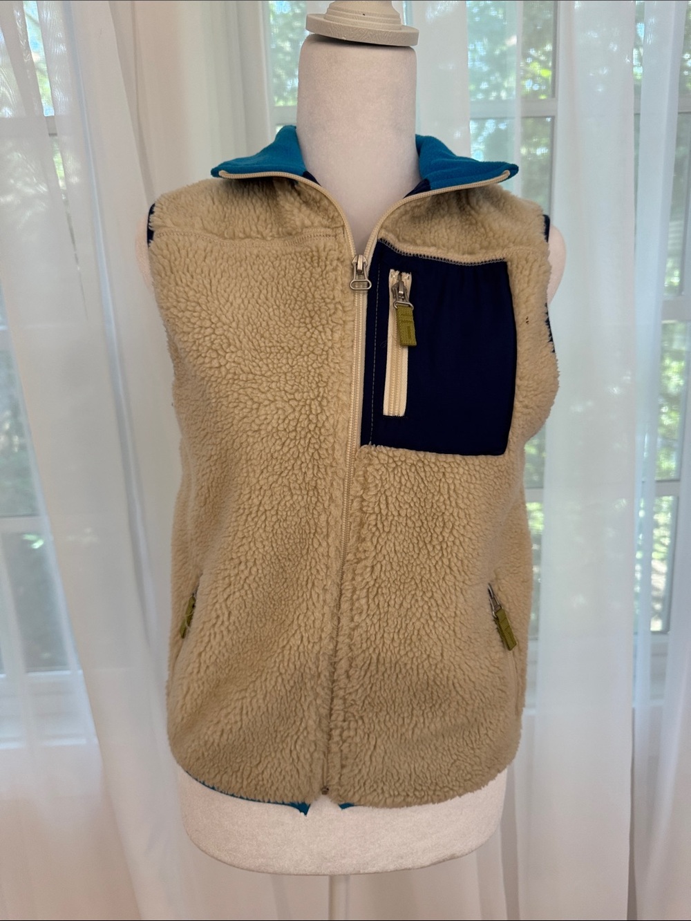 GAP Cream Sherpa Vest with Navy Pocket and Teal Lining